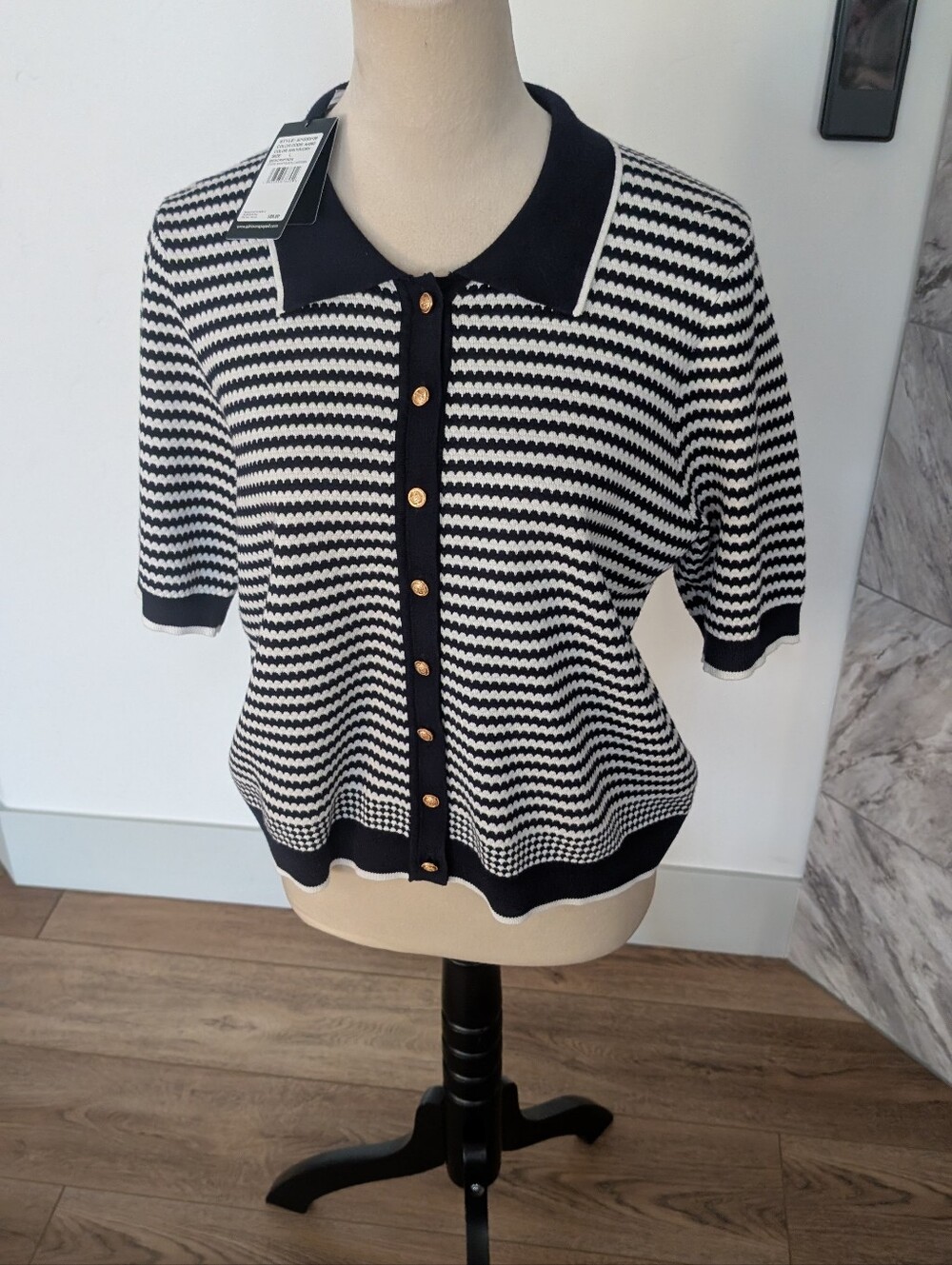 Adrianna Papell Navy and Ivory Striped Short Sleeve Cardigan - Picture 8 of 11